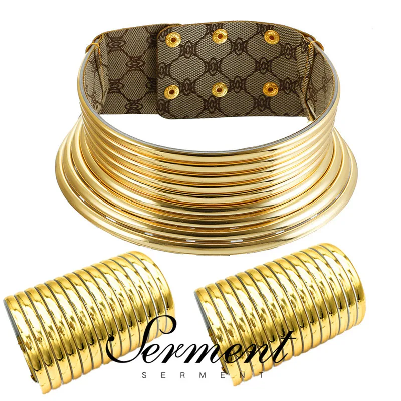 

SERMENT Trendy Tribal Necklace Bracelet Set Exaggerated European Necklace Ring Bracelet Gilded Silvered Color Fashion Jewelry