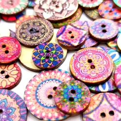 100Pcs Retro Round Wooden Buttons DIY Hand-Sewing Process Printing Wood Chips 15/20/25mm Two-Holes Button For Clothes Decoration