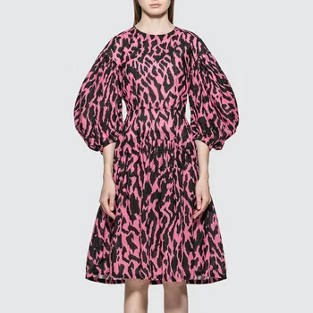 

Women's Wear 2020 Season Round Neck Bubble Sleeve Lotus Leaf Edge Leopard Print Printing Waist Middle Sleeve Dress Female