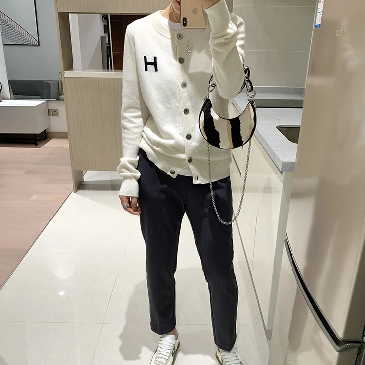 DY Europe station cashmere cardigan women's loose H-letter thin knitted jacket sweater slim round neck sweater