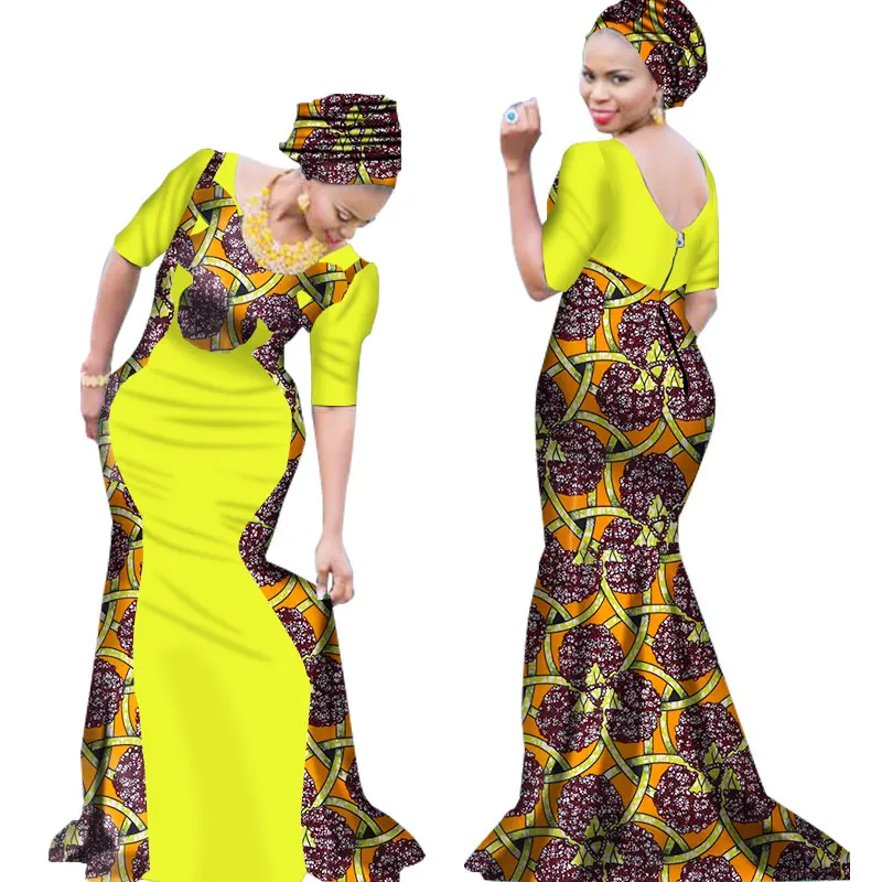 Новое платье Bazin Riche в африканском стиле для женщин, с принтом, с v-образным вырезом, платье русалки с галстуком на голову, Дашики, африканская одежда WY1645 - Цвет: 18