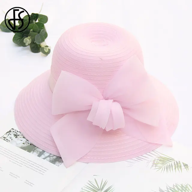 FS Pink Wide Brim Hats For Women Caps Ladies Fascinators Fedora Hat Flower Wedding Church Party Beach Sun Hats Pink