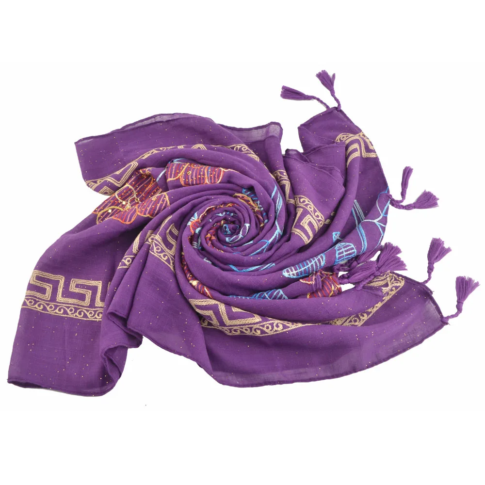 Зимние 2019 мусульманских женщин sjaals, хлопок, цветочный орнамент шарф хиджаб с Стразы с плоской задней стенкой, с блестками больших размеров