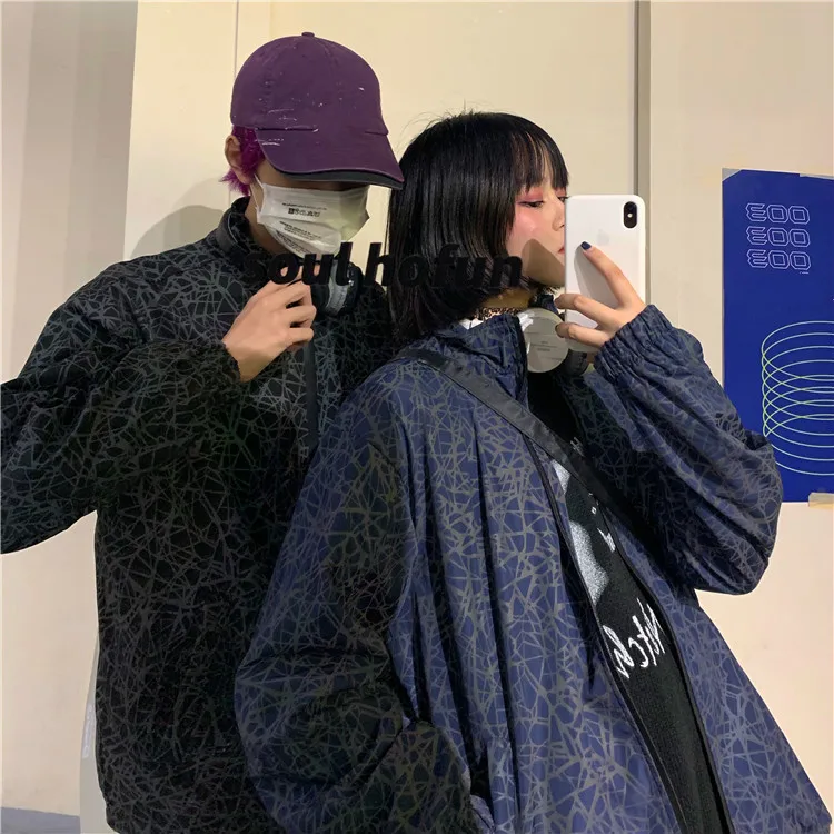 Neploe Harajuku, светоотражающая куртка-бомбер с принтом, для женщин и мужчин, на молнии, повседневное пальто,, длинный рукав, стоячий ворот, Двусторонняя одежда, 55769