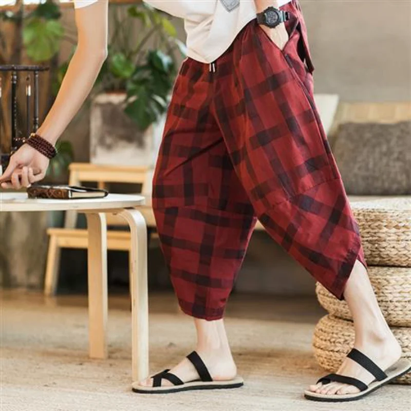 Harem Pants Plaid Jogger Pants Mens Harem Pants Red Checkered