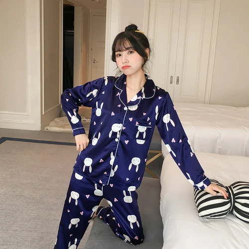 Осенний пижамный комплект из искусственного шелка, кардиган, пижама с длинными рукавами, Женская домашняя одежда для отдыха, пижамы для женщин, 2 штуки, милая одежда для сна - Цвет: C Q 8809
