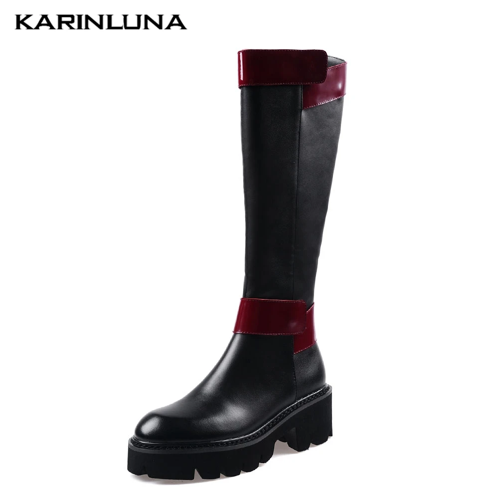 Karinluna/новые модные сапоги для верховой езды из натуральной кожи сапоги до колена на массивном каблуке Женская обувь на платформе женские сапоги