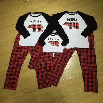 

family pajamas daddy outfit mom outfits baby kids PJM Polar bear top red black plaid pants family Christmas clothing