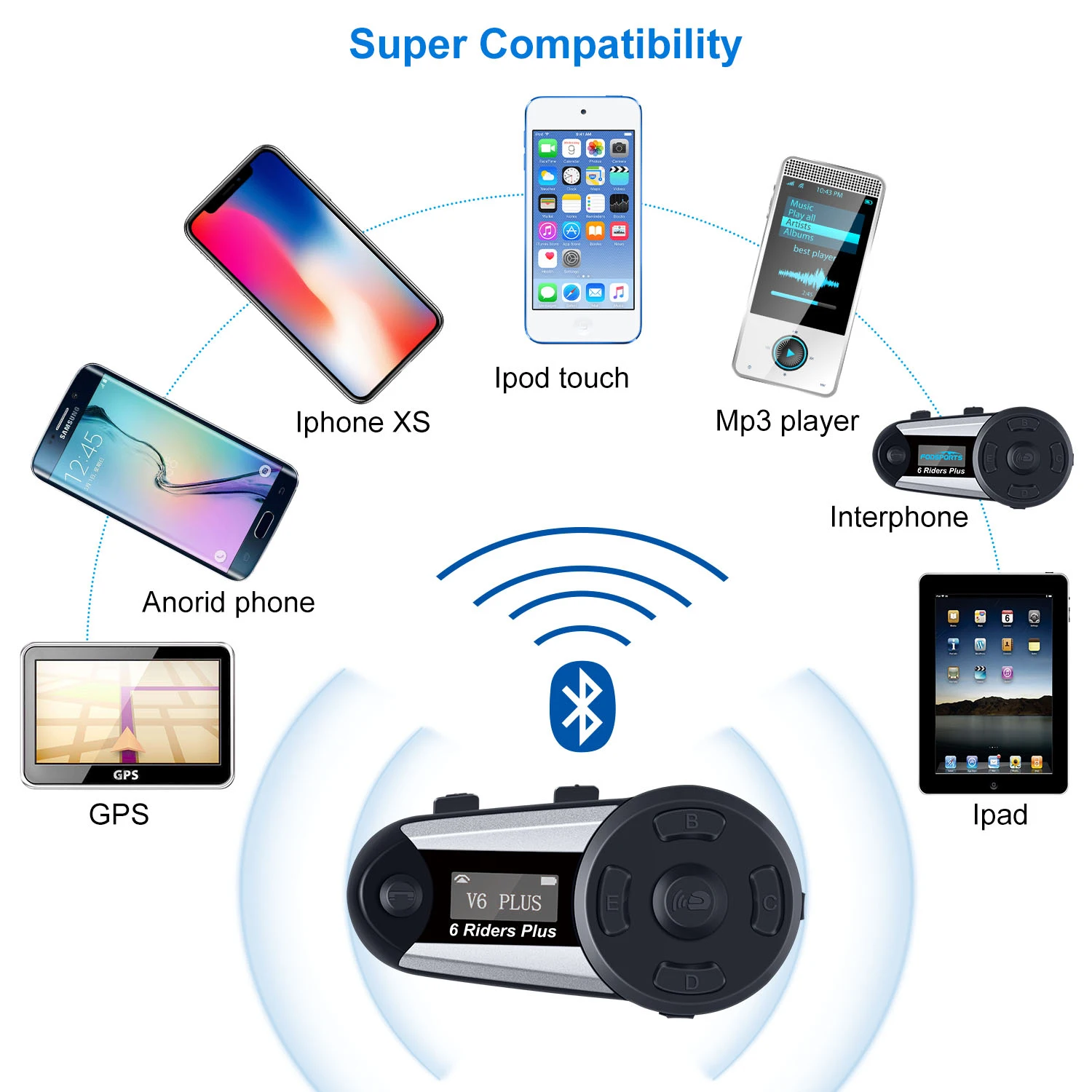 Fodsports V6 Plus мотоциклетный шлем Интерком Мото Bluetooth гарнитура 6 всадников 1200 м BT