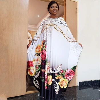 

African Dresses for Women Dashiki Flower Print Oversize Loose Long Robe Kanga Clothing Bazin Eleggant Bat Sleeve Kaftan Vestido