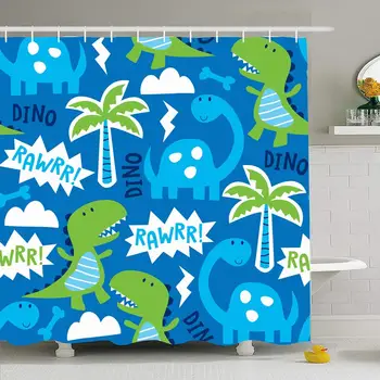 

Shower Curtain Set with Hooks 60x72 Rex Green Dinosaur Animal Pattern Reptile Paleontology Childish Animals Wildlife Adorable