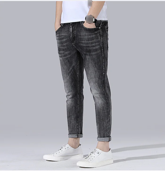 New Mens Fashion Black Jeans Mens Skinny Jeans Slim Fit Strecth Washed Scratched Casual Denim Trousers Male