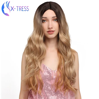 

Synthetic Wigs Black Root Brown Colored Long Wavy X-TRESS Wigs For Women High Temperature Fiber Daily Party Cosplay Colorful Wig