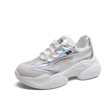

2020 Hot Sale Women Chunky Sneakers Bling PU White Shoes Height Increasing Breathable Round Toe Leisure Shoes Zapatillas Mujer