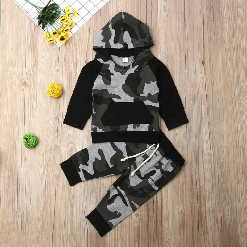 Emmababy Одежда для маленьких мальчиков; сезон осень-зима толстовка с капюшоном и длинными рукавами; спортивный костюм; брюки комплект камуфляжной одежды для детей