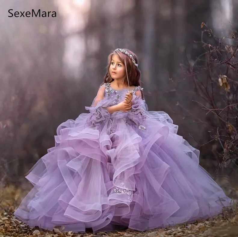 Фиолетовые платья с цветочным узором для девочек праздничное платье для девочки из органзы с бусинами Детские вечерние платья принцессы с