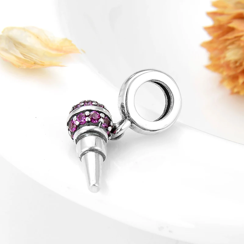 Серебряный микрофон 925 пробы форма розовый CZ бусины подходят оригинальные Pandora Браслеты с подвесками DIY ювелирных изделий