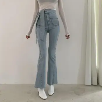 

2020 spring High Waist Jeans Women Solid Belt pockets zipper fly Pants Slim Casual High Street Denim Trousers Pantalon r503