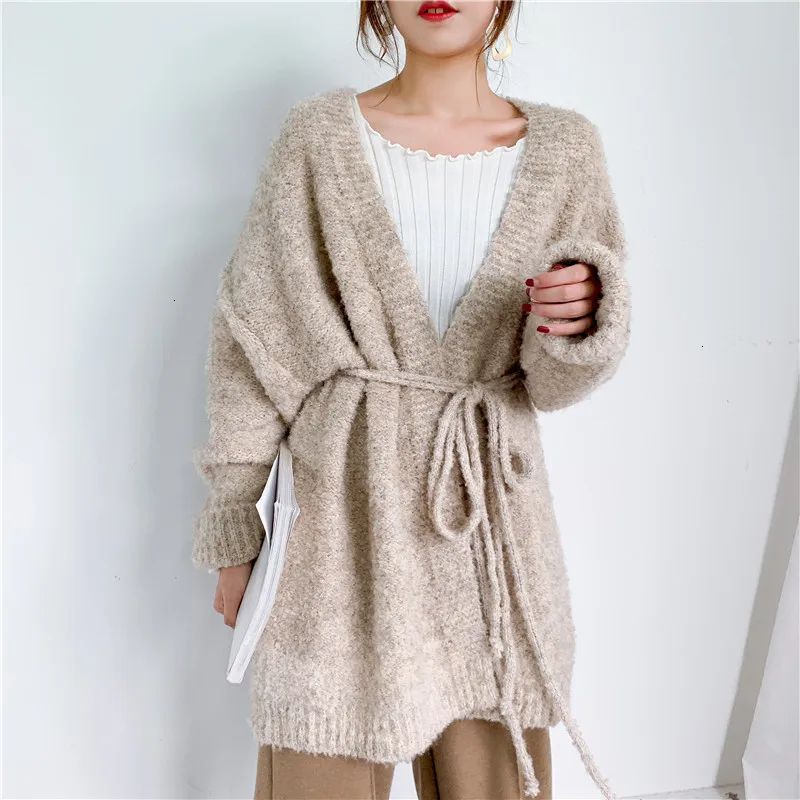 #^Special Price 2019 Retro Drawstring Thick Sweater Coat Women Autumn And Winter New Loose V-neck Knitted Cardigan Mid-length Y440