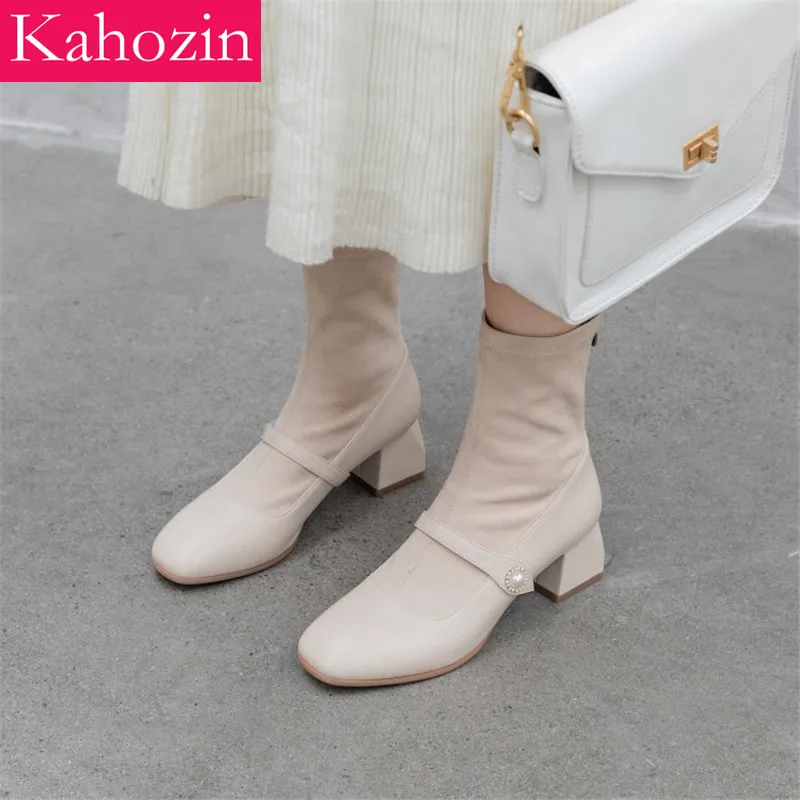 

Quality Winter Boots Women Short Boots Suede Vamp Square Toe Back Zipper Square Heel 5CM Apricot Black casual Office nice shoes