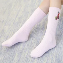 New Style Embroidered High Heel Shoes Combed Cotton Double Needles Vertical Stripe Children High Stockings Girls Bunching Socks