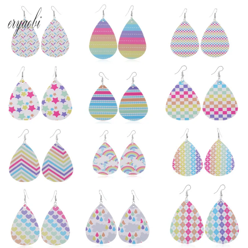 

Leather Drop Earrings for Women Water Drop Shape Geometric Rainbow Pattern Hanging Earrings Women's Jewelry Fashion Accessories
