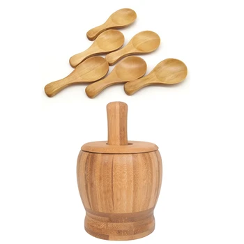 

2Set Kitchen Tools: 1 Set 8Pcs Small Salt Spoon Solid Wood Condiments Spoon & 1 Set Pestle Grinding Bowl Set Garlic Pot