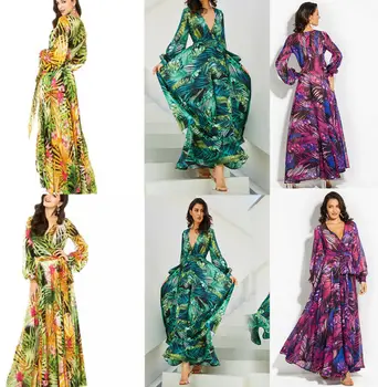 

Women Long Sleeve Dress Green Tropical Beach Vintage Maxi Dresses Boho Casual V Neck Belt Lace Up Tunic Draped Plus Size Dress