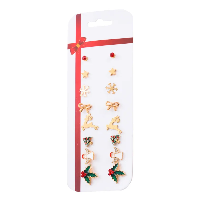 8Pairs/Set Crystal Christmas Stud Earrings For Women Santa Claus Tree Elk Christmas Earrings Jewelry Girls Gifts Accessories - Окраска металла: E205-1