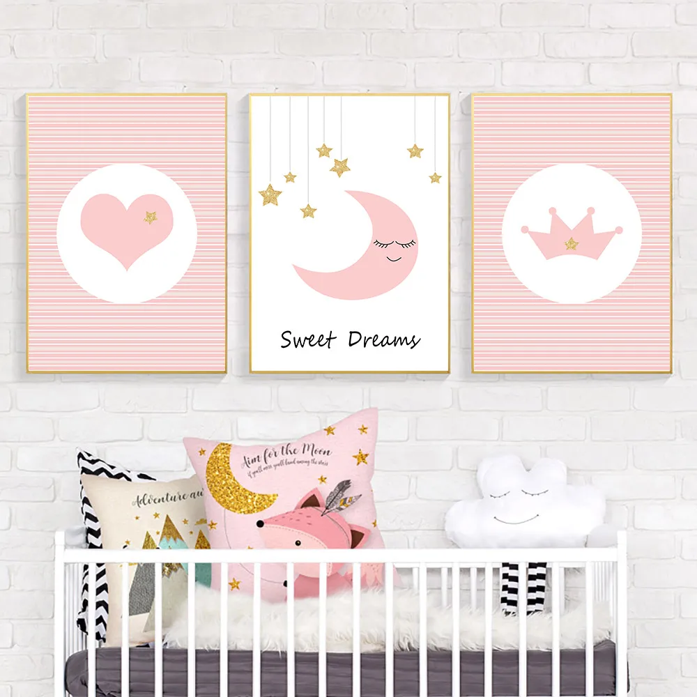 

Love Moon Crown Posters And Prints Cartoon Pink Print Painting Quotes Canvas Painting Wall Pictures For Baby Girl Room Decor