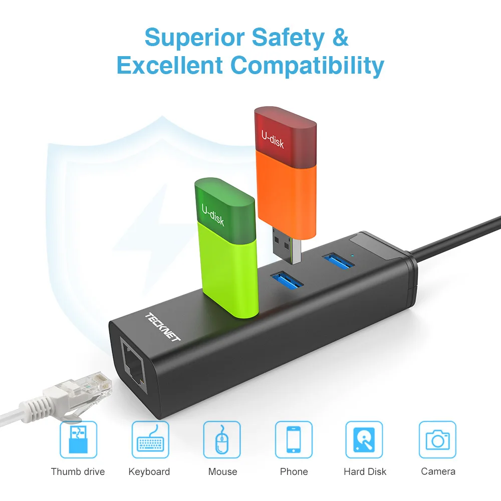 TeckNet USB 3,0 до 10/100/1000 Gigabit Ethernet LAN Проводная сетевая карта USB 3,0 до RJ45 с 3 портами USB3.0 концентратор