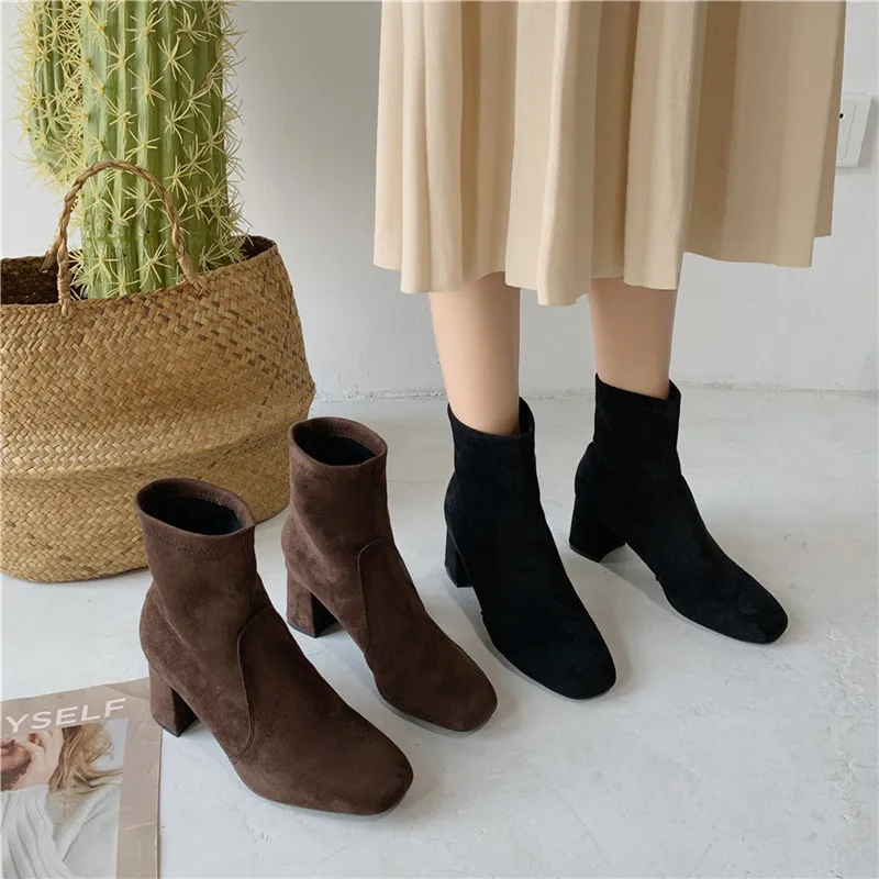 

2019 New suede ankle boots for women black Martin Boots Short Socks boots square heels Boots comfortable femlale shoes