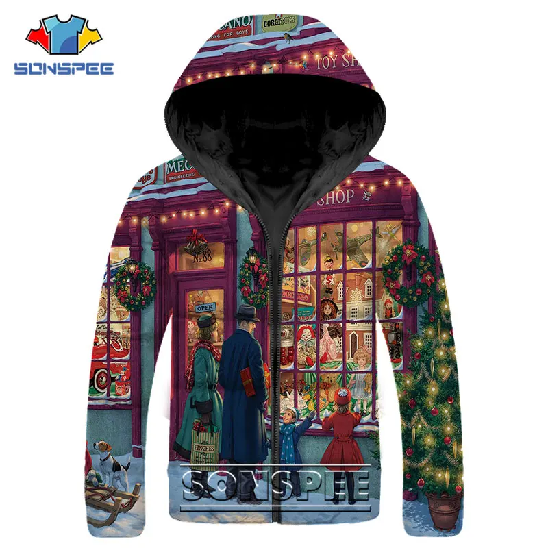 SONSPEE Christmas Tree Santa Claus Parkas Print Gingerbread Christmas Stocking Down Jacket Winter Keep Warm Thick Hip Hop Coats