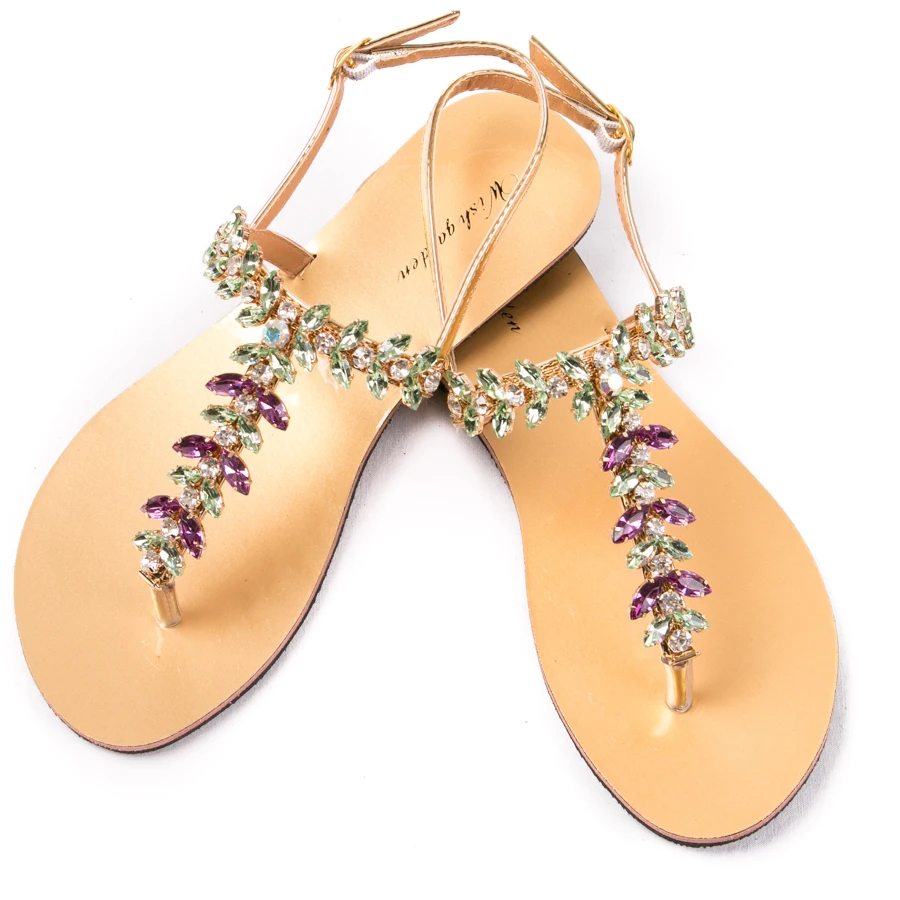 Новые женские сандалии модные летние богемные туфли со стразами Вьетнамки с Т-образным ремешком Повседневная пляжная блестящая обувь в богемном стиле