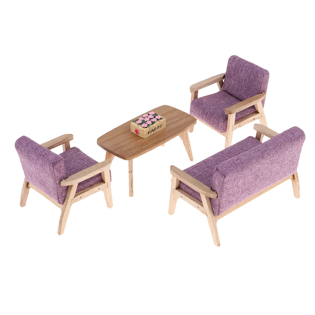 1:12 Scale Dollhouse Wooden End Table Sofa, and Flower Basket 5pcs/set, for Dolls House Living Room Bedroom Decor (Purple)