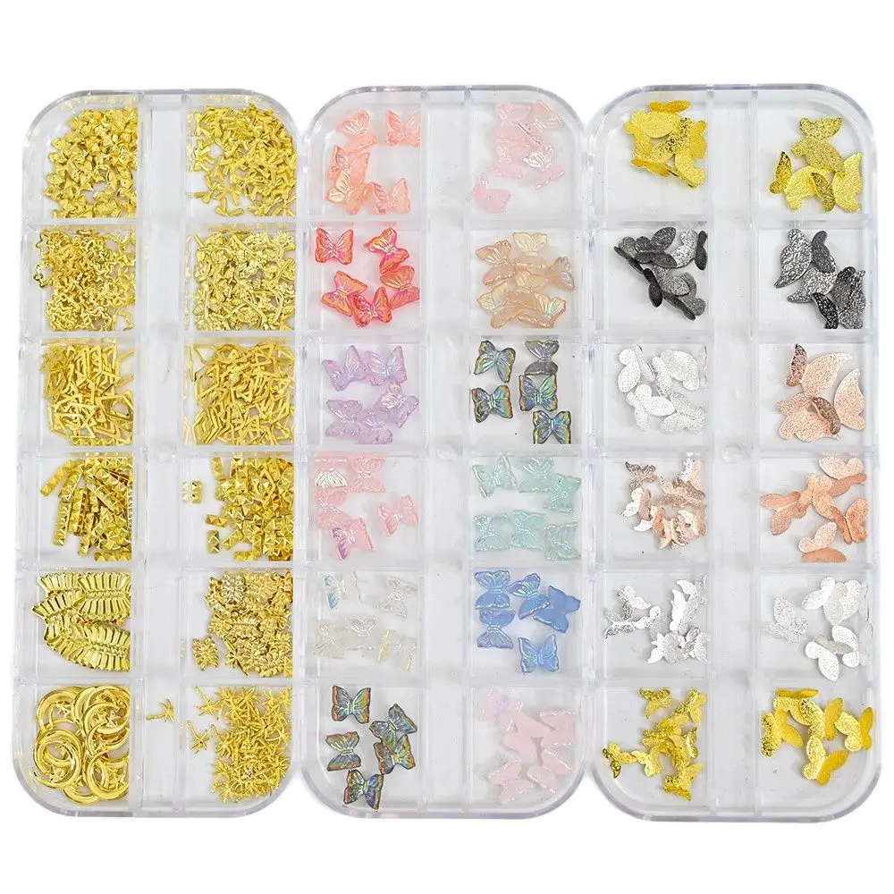 

12 Gird/Box Butterfly Nail Art Decoration 3D Colorful Metal Rivet Charms DIY Aurora Studs Multi-shape Manicure Accessories UY#51