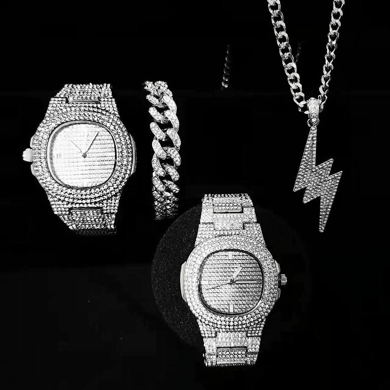 2pcs Iced Out Watch Necklace for Men Luxury Diamond Watch Men Bling Jewelry Set Mens Gold Watch Quartz Dropshipping Reloj Hombre