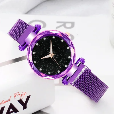 Purple Роскошные часы звездного неба из нержавеющей стали с сетчатым браслетом для женщин, Кристальные Аналоговые кварцевые наручные часы, женские спортивные часы - Цвет: Purple