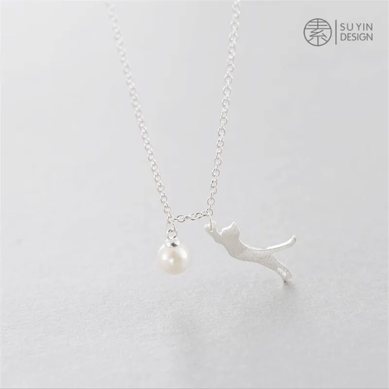 New Fahion Cute Kitten Pearl 925 Sterling Silver Jewelry Sweet Cat Animal Temperament Clavicle Chain Necklaces H484