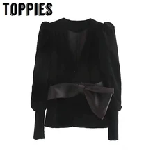 Черные бархатные Топы женские кимоно блузки с глубоким v-образным вырезом с бантом на талии рубашки с длинным рукавом Женские топы