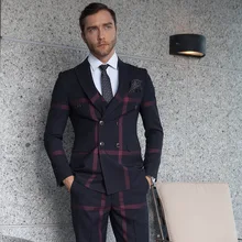 Двойные мужские костюмы из 3 предметов, клетчатые деловые костюмы с воротником пика, мужские Нарядные Костюмы, официальная одежда