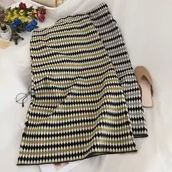 Модная ретро ромбовидная клетчатая трикотажная Полосатая юбка осень новая Корейская OL Высокая талия дисплей тонкая средняя и длинная юбка
