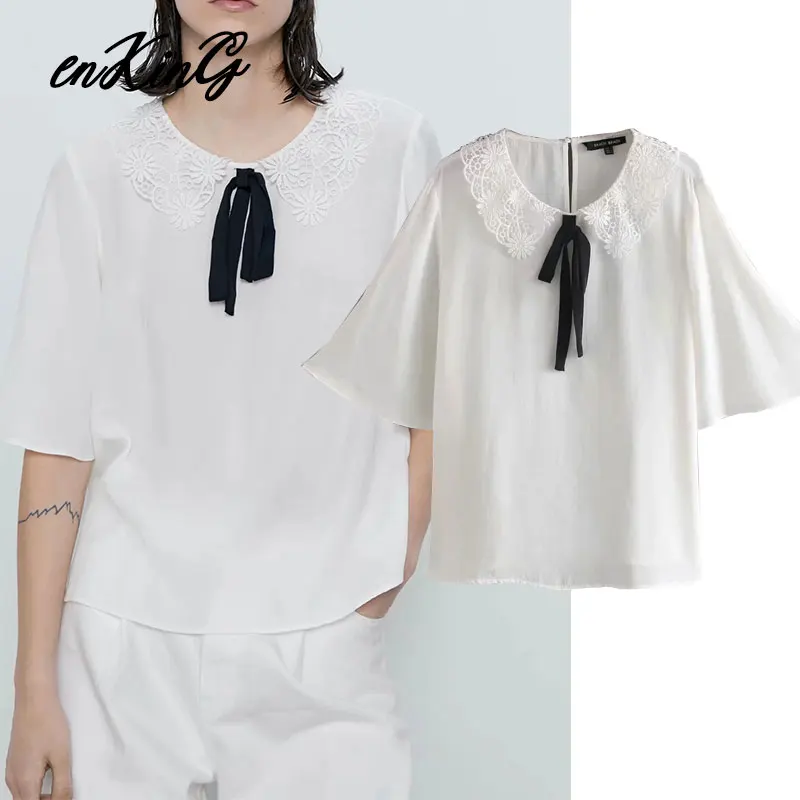 

2020 england office lady vintage solid white bow short summer blouse women blusas mujer de moda 2020 kimono shirt womens tops