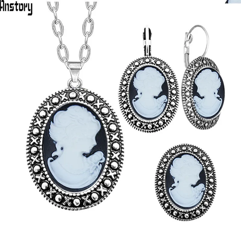 Овальный 5 цветов леди королева Драгоценности камеи набор ожерелье серьги кольцо античное серебряное покрытие Винтажные Ювелирные изделия для женщин