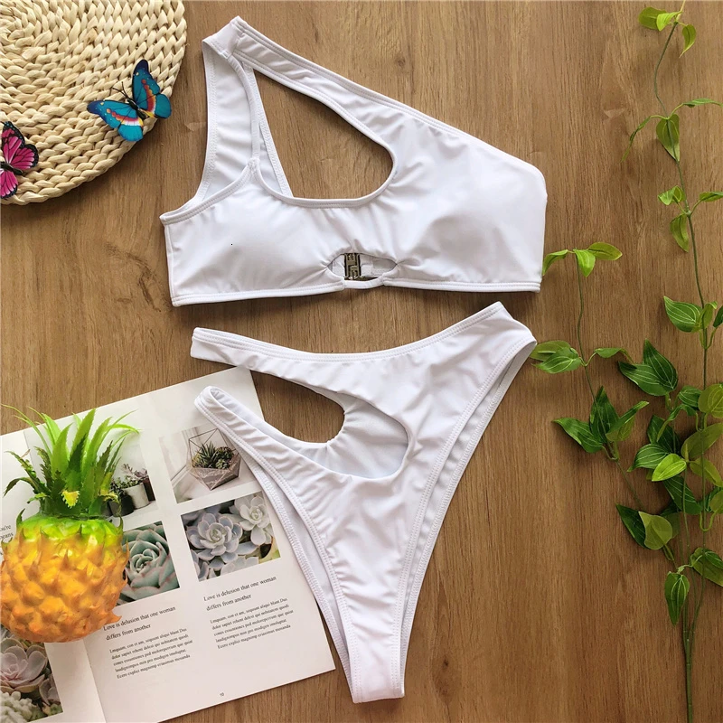 One shoulder bikini set sexy keyhole bikini High cut swimsuit female bathing suit Hollow out swimwear women bathers - Цвет: 08C507 white