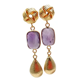 

Natural Amethyst Rectangle 24 KT Gold Bezel Dangle Stud Earrings
