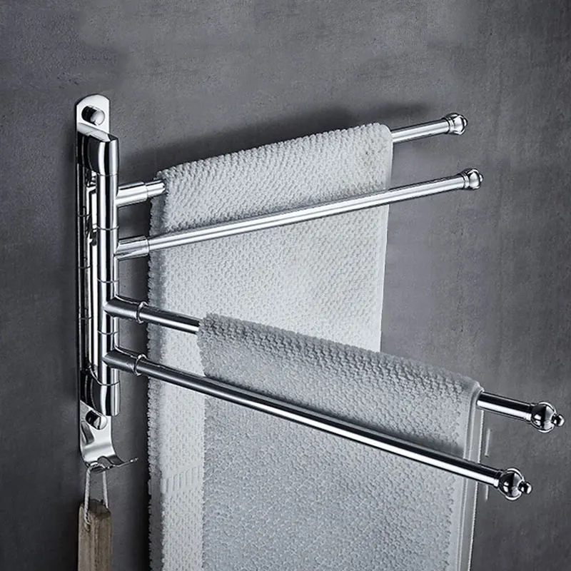 Stainless Steel Bathroom Swivel Towel Bar Hanger 4 Arm Swing Towel Rack With Hook Wall-Mounted Bathroom Storage Rack