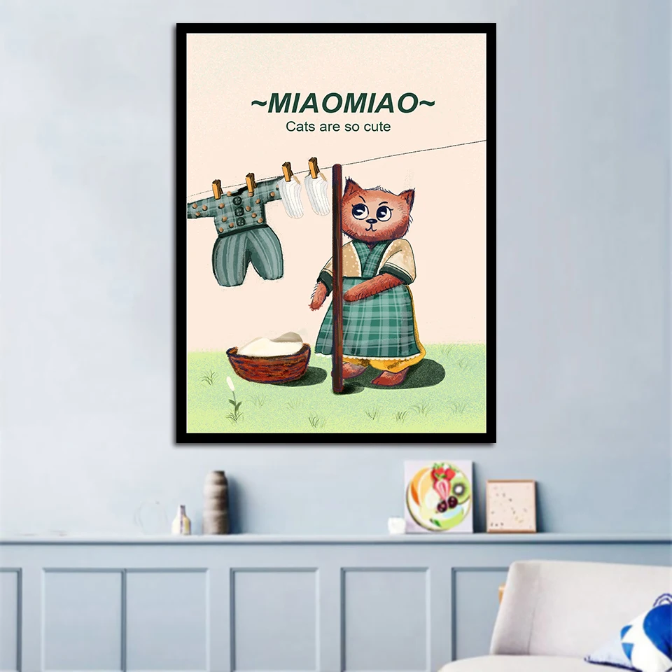 

Cat mother doing housework Nordic Style Wall Art Canvas Print Painting Modern Living Room Decor Picture