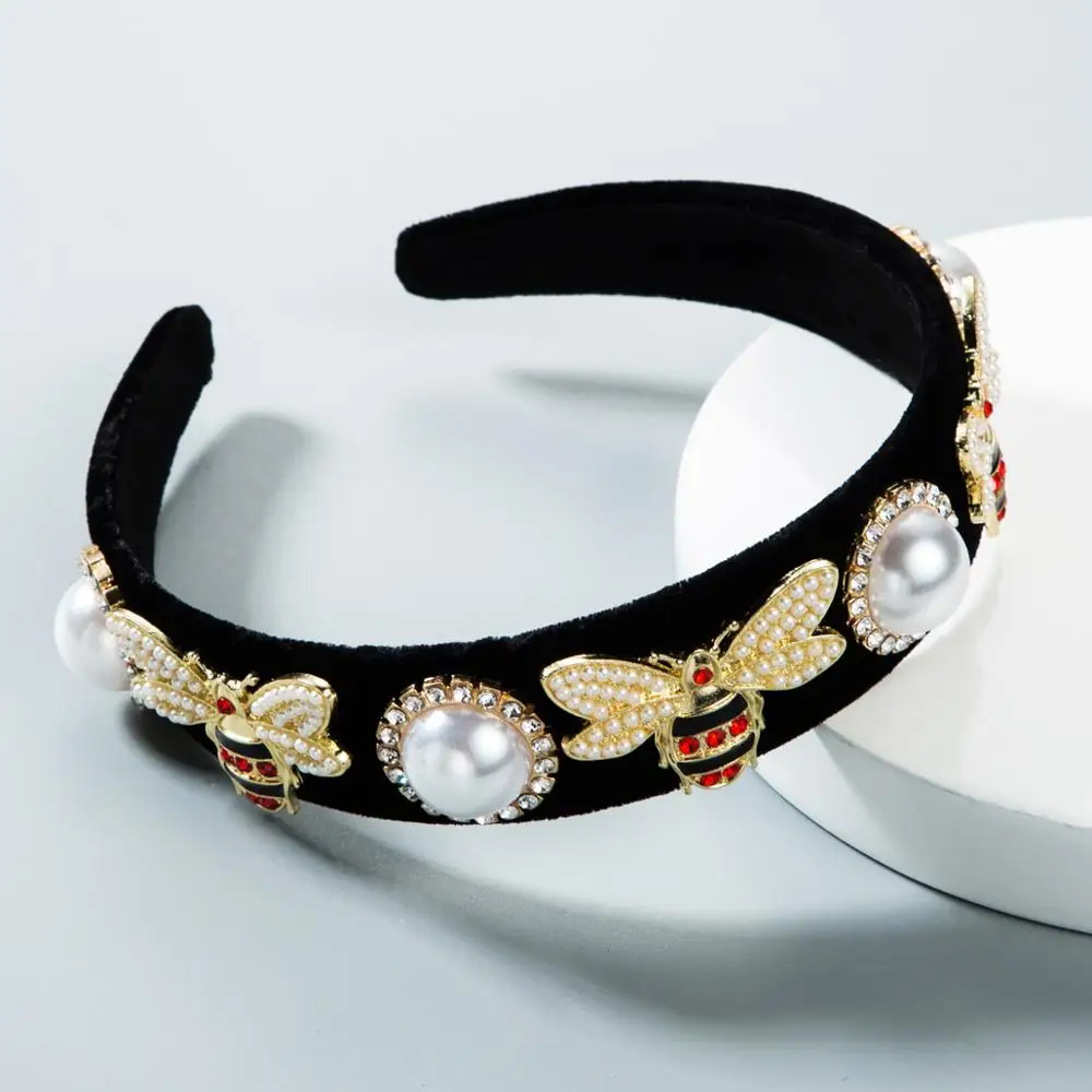 Europe Style Retro Pearl Hairband Bee Headband For Women Girl Velvet Black Hairbands Crystal Hair Bezel Bride Hair Accessories