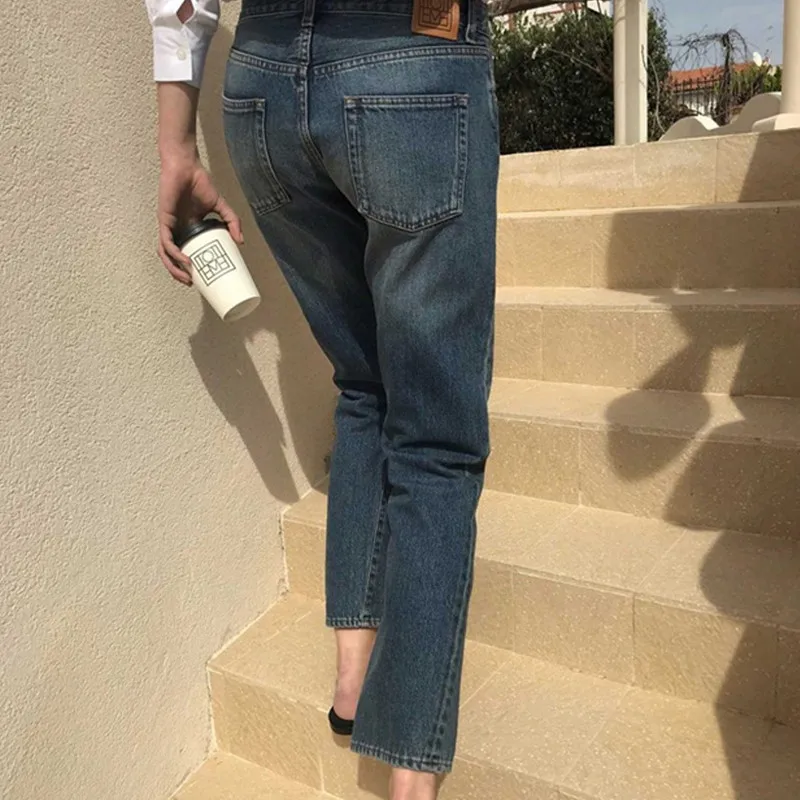 2019 Women Jeans Asymmetrically Cut Vintage Straight  Original Denim Washed Jeans Cropped Rinse Straight Jeans Twisted Seam bell bottom jeans